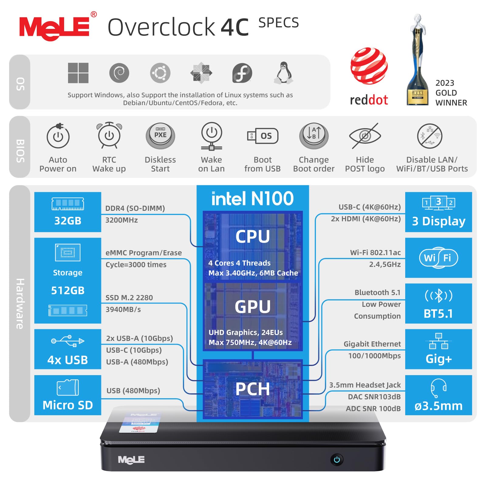 MeLE Overclock4C Mini-PC, N100 32GB 512GB, HDMI USBC Triple 4K