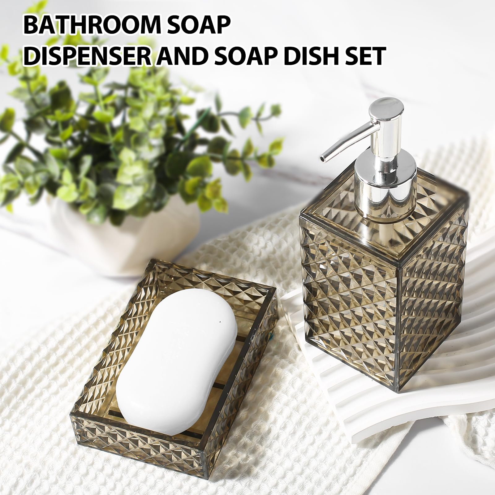 RYTOXILO Juego de accesorios de baño, 4 unidades de accesorios de baño acrílicos marrones, dispensador de jabón de diamante y soporte para cepillo de dientes, juego de fregadero de baño, decoración