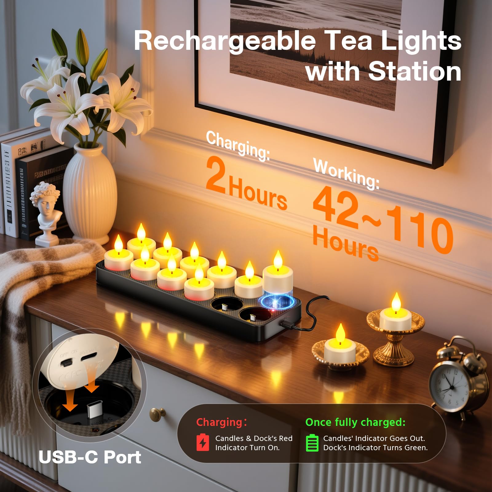 PChero LED Teelichter Wiederaufladbar mit USB-C Ladestation & Fernbedienung | 12er Teelichter LED Aufladbar Elektrische Kerzen Flackernd mit Timerfunktion, Dimmbar, 2 Std. Ladezeit, 60-160 Std. Laufzeit
