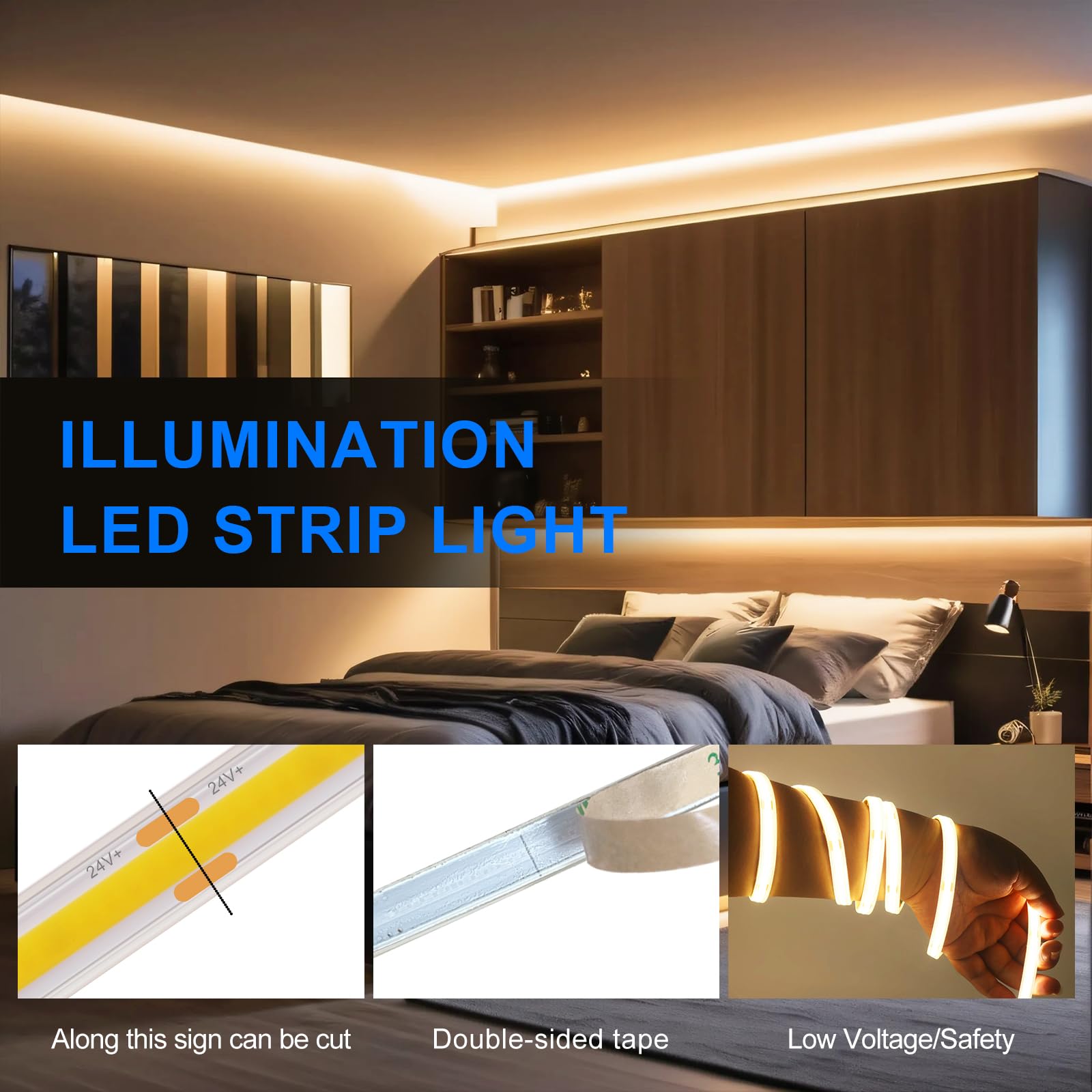 KISUFU Tira LED COB 24V, 480 LEDs/m Impermeable IP65 Luces LED Flexible Pegamento de doble cara Tira Luz LED con WIFI 23 teclas IR Dimmer para Cocina, Dormitorio, Baño, iluminación DIY