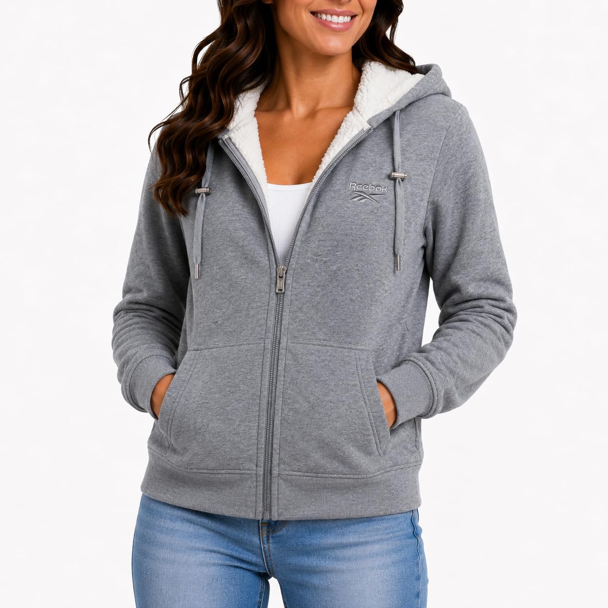 Reebok Womens Fleece Jacket Sherpa Lined Faux Fur Full Zip Hooded Jacket image 2
