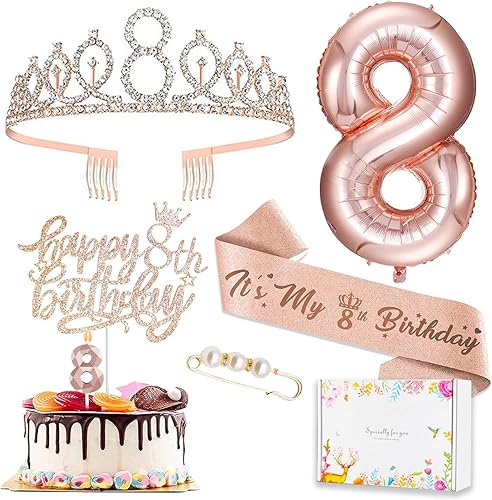 Decoraciones de cumpleaños número 8 para niñas, incluye adorno para pastel de cumpleaños de 8 años, banda de reina de cumpleaños con alfiler de