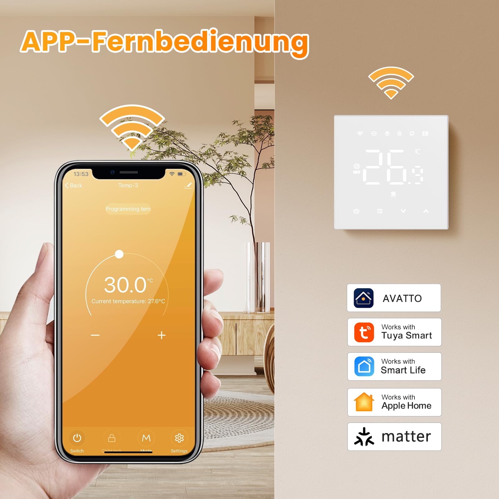 AVATTO Termostato intelligente per riscaldamento a pavimento ad acqua opaca, WiFi, termostato digitale, compatibile con Homekit, Alexa, Google Home, SmartThing