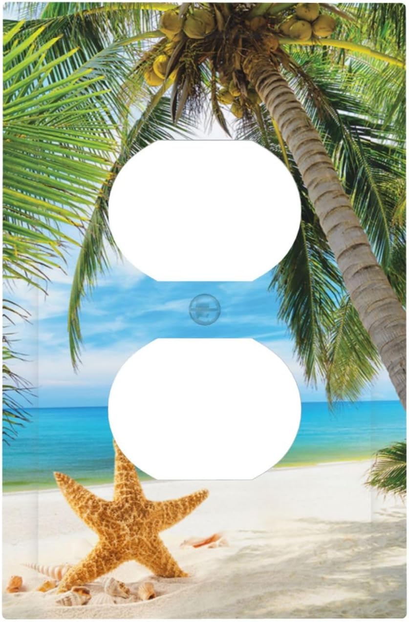 Decorative Outlet Covers Hawaii Beachy Starfish Tropical Palm Ocean Sea Sky 1 Gang Wall Plate Receptacle Duplex Light Switch Cover Plate Single Dual Plug Covers Electrical Switchplate Faceplate