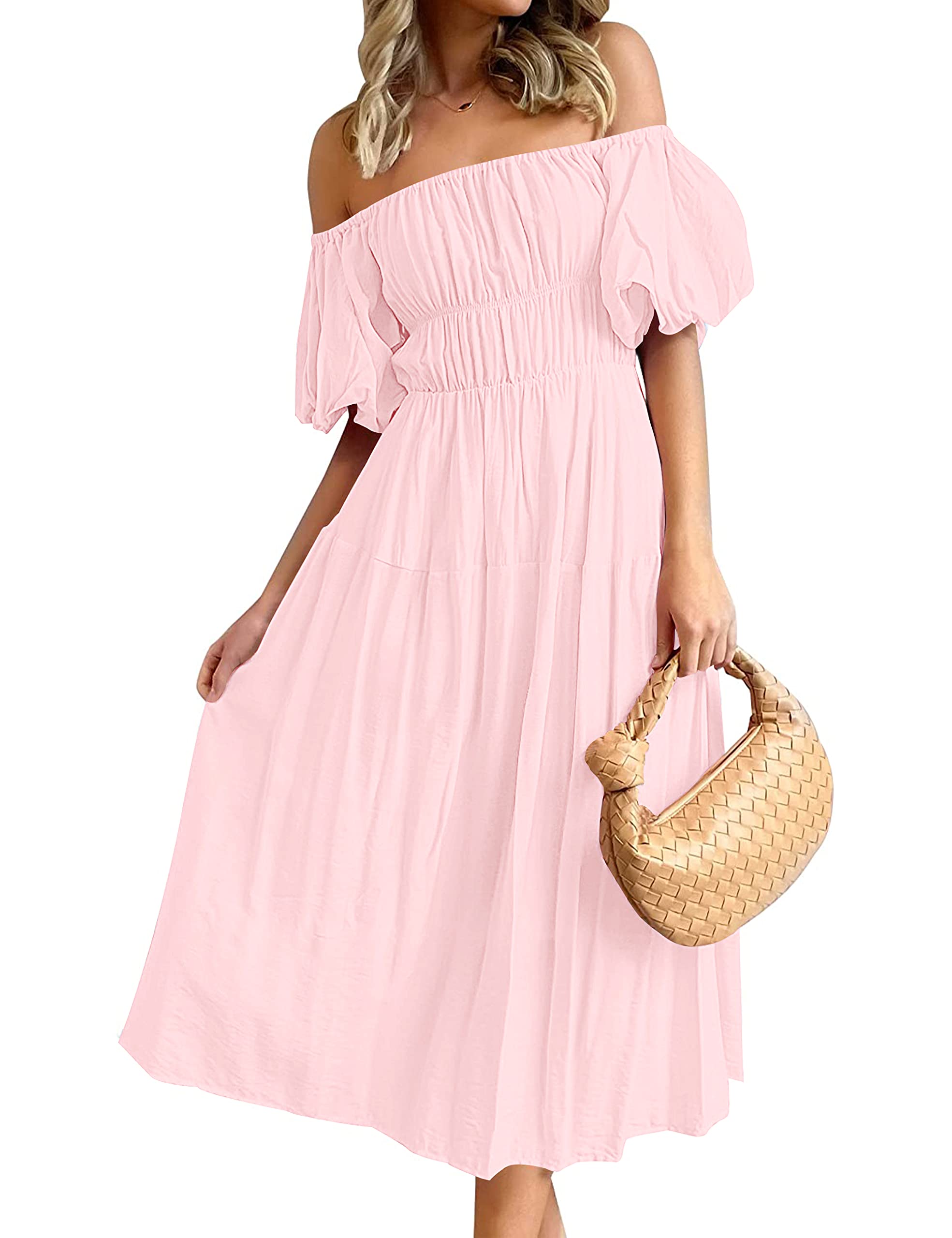 MEROKEETY Women's 2026 Summer Floral Maxi Dress Boho Strapless Tube Smocked Tie Ruffle Flowy Beach Vacation Long Sundress, Beige, Large