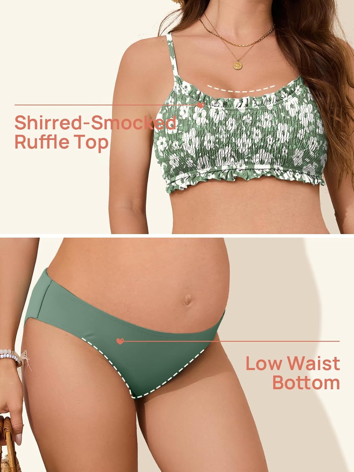 Summer Mae Ruffle Maternity Swimsuit Two-Piece Low Rise Bikini Shirred Smoked Pregnancy Bathing Suit