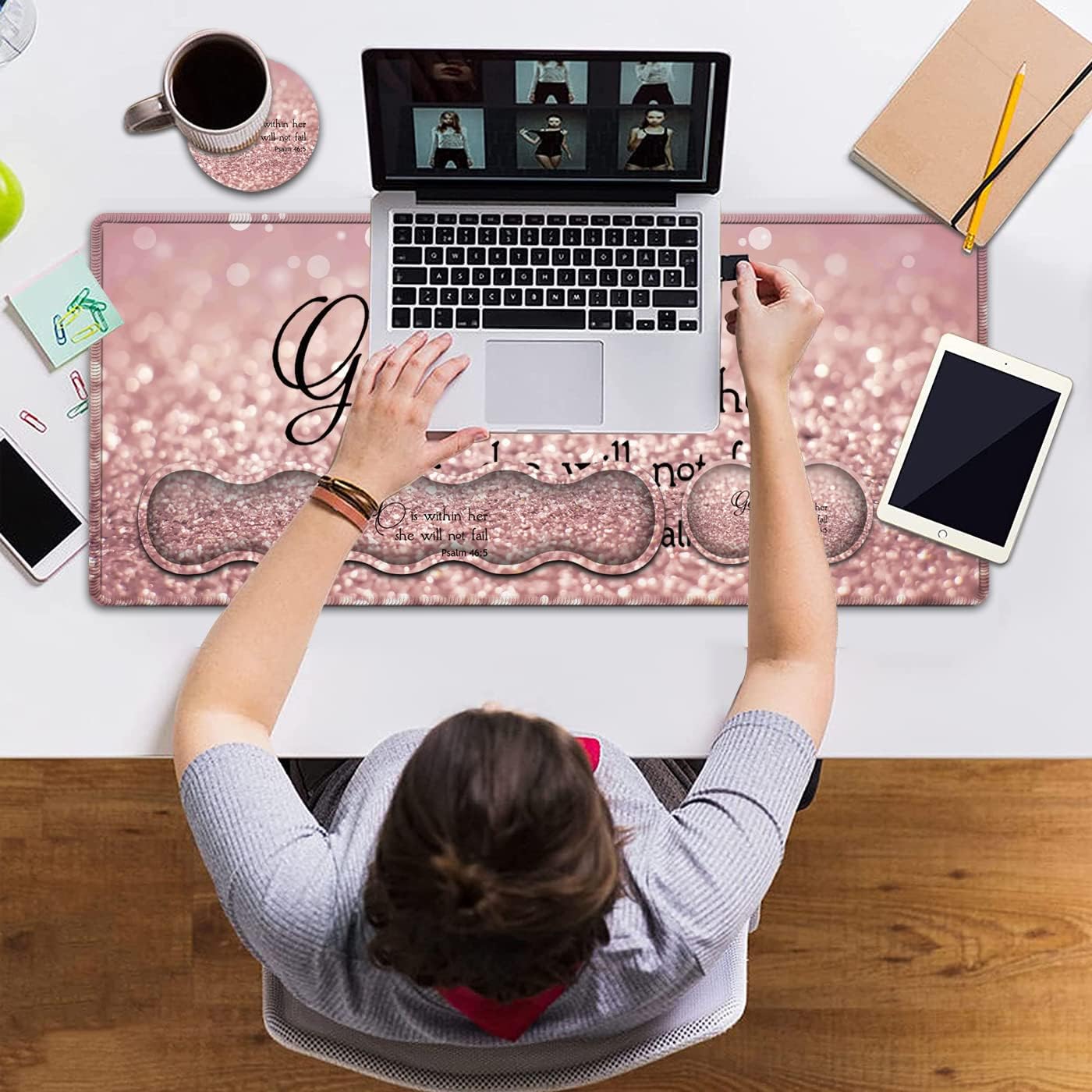 Large Gaming Mouse Pad,Extended Office Desk Mat,Waterproof Desk Writing Pad for Office/Home Ergonomic Mouse &Keyboard Wrist Rest,Psalm 46:5 Pattern Laptop Desk Pad Pink Mousepad Wrist Support