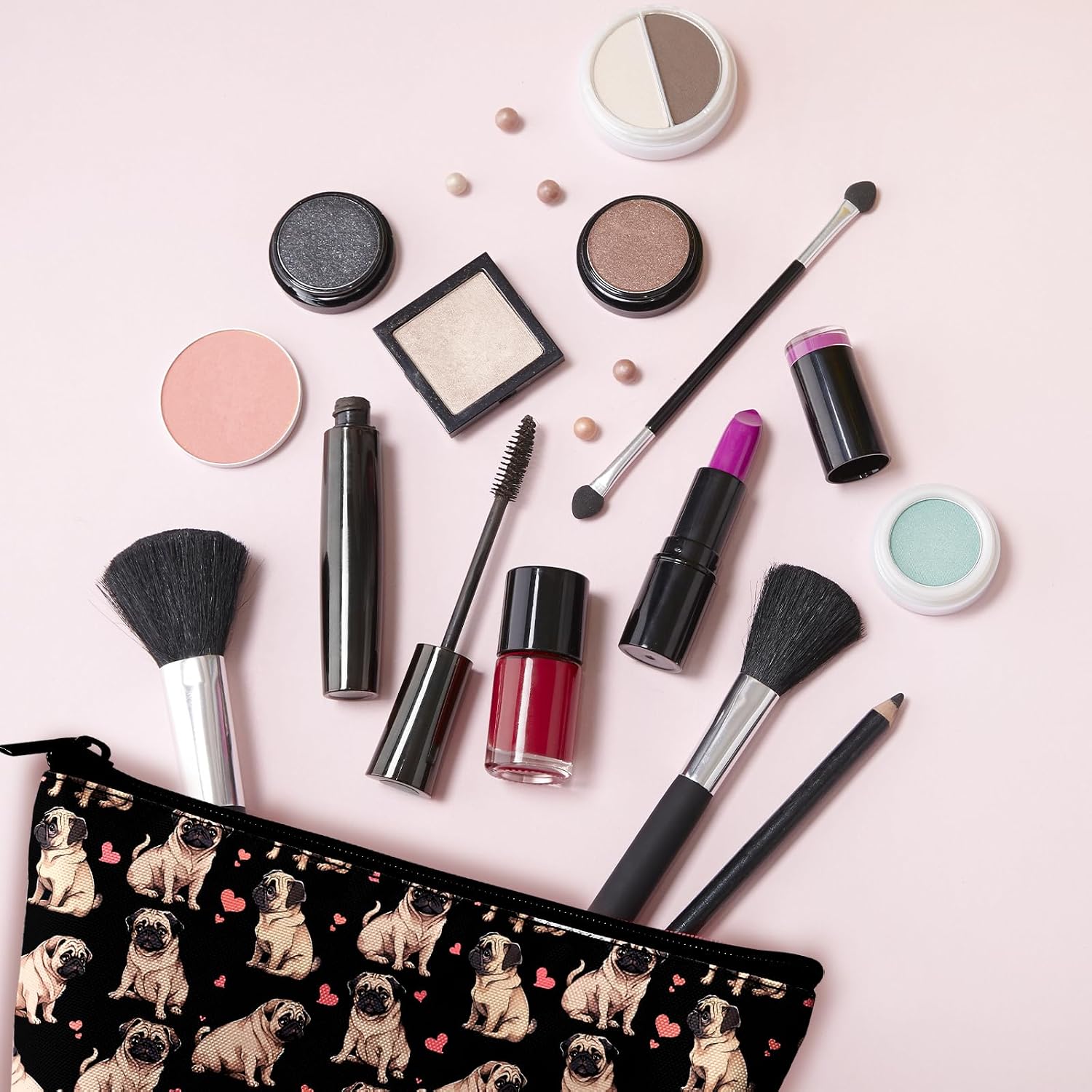 Cute Pug Dog Makeup Bag Cosmetic Bag for Women,1Pcs Large Capacity Makeup Bags and 1Pcs Pencil Case Makeup Brushes Storage Bag Travel Toiletry Bag Organizer image 4