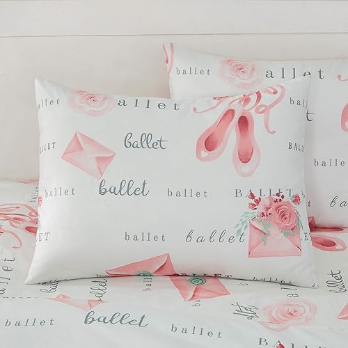Miniatura 6 de Juego de ropa de cama de 4 piezas, color rosa y blanco, tamaño doble, con funda de almohada y rosa y diseño de bailarina para dormitorio de niñas