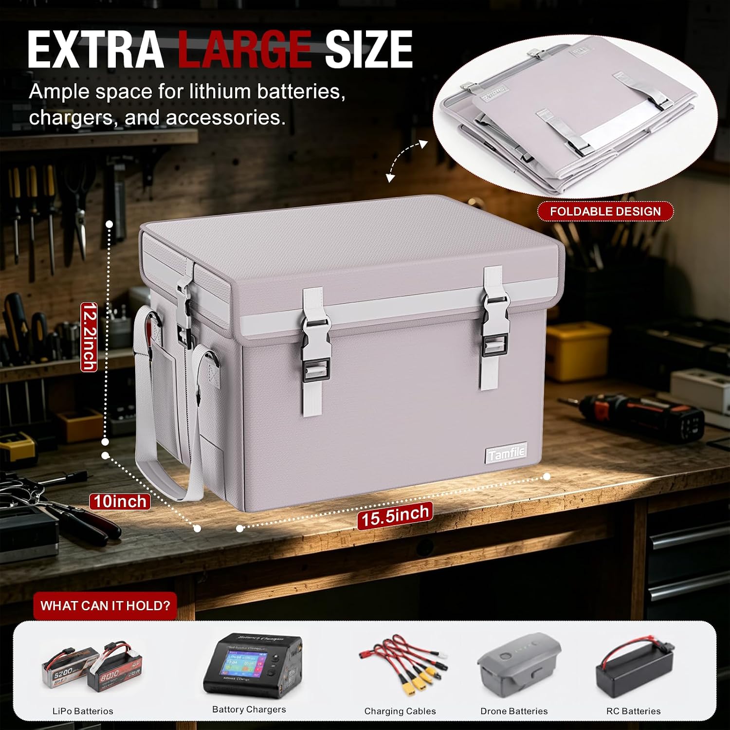 Tamfile Large Lithium Battery Box, Hard Fireproof Explosion-proof Lipo Bag | Battery Safe Protect, Charging and Storage, Ebike, Automotive, RV, Boat, Camper and Travel Trailer Batteries,XL(Extra Large)