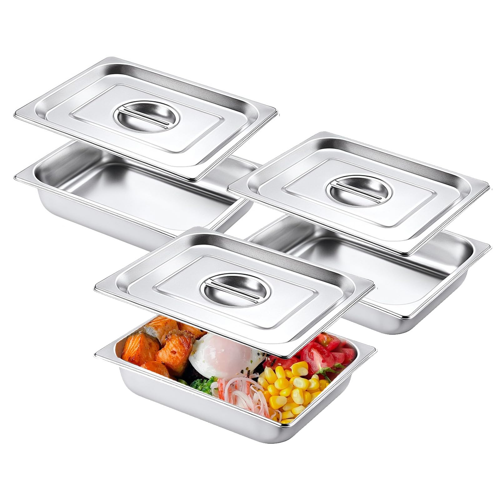 Juego de 3 cuencos para empanar con tapa, recipientes duraderos de acero inoxidable para gastro, GN 1/2, apilables, recipientes para chuletas, chuletas de pescado, chuletas de pollo, empanado (32,5 x