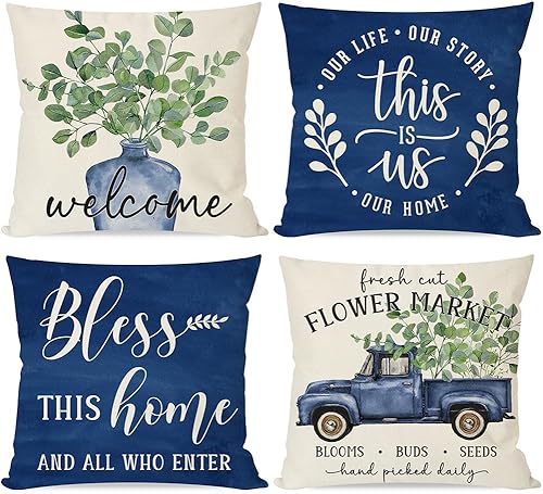 Miniatura 1 de PANDICORN Juego de 4 fundas de almohada de primavera de 16 x 16 pulgadas, hojas de eucalipto, florero azul verde, camión Bless This Home, juego de 4