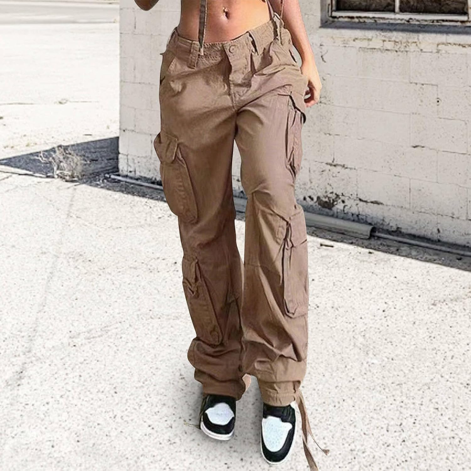 Womens Loose Fit High Waist Cargo Pant Casual Button Zipper Straight Leg Pants Fall Y2K Multi Pocket Jeans