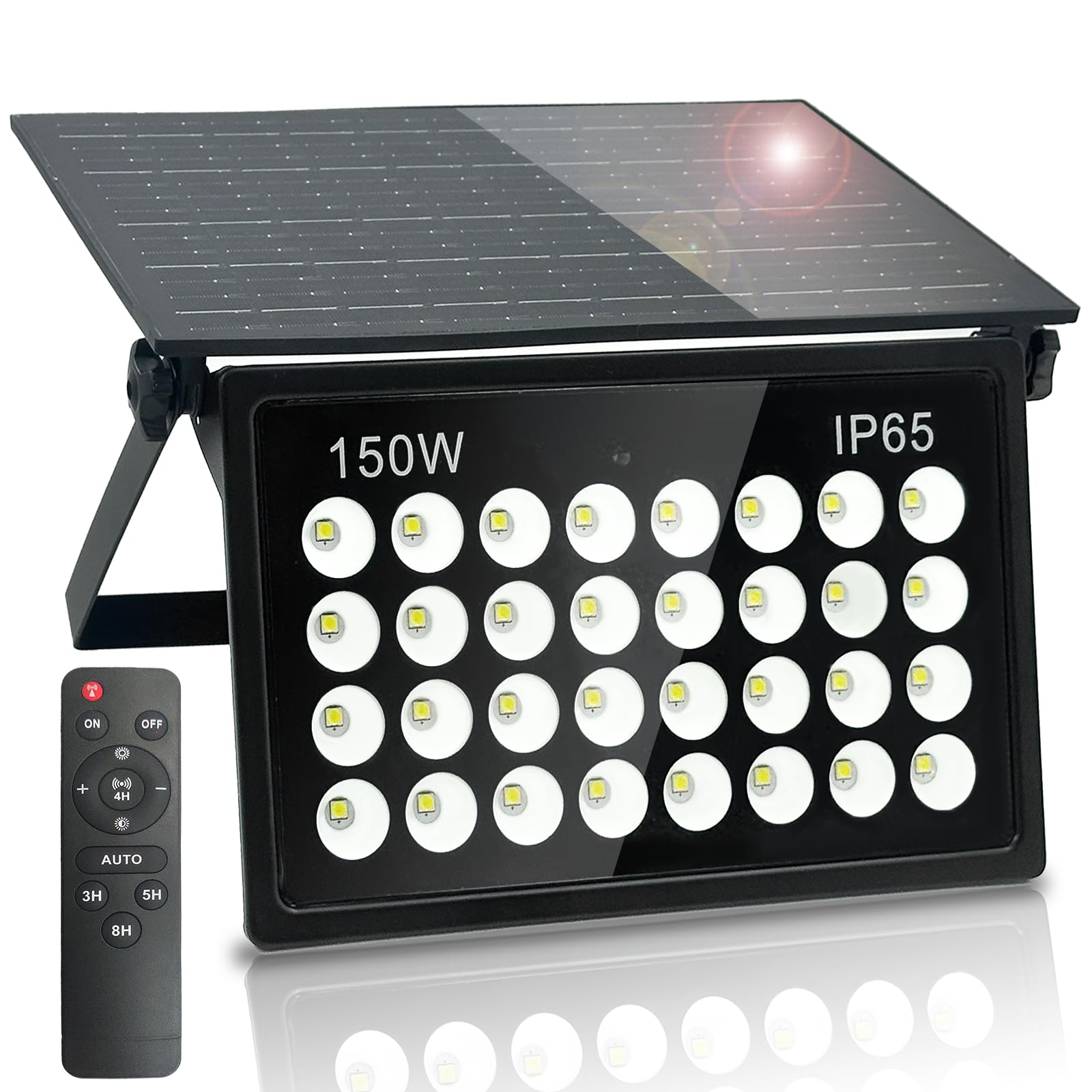 BOSITE Solar Strahler Außen 150W, Solarlampen für Außen mit Fernbedienung, 6500K Kaltweiß Super Helle LED solar strahler außen, IP65 Wasserdichte Strahler mit Solar für Garten Hof Garage Haustüren