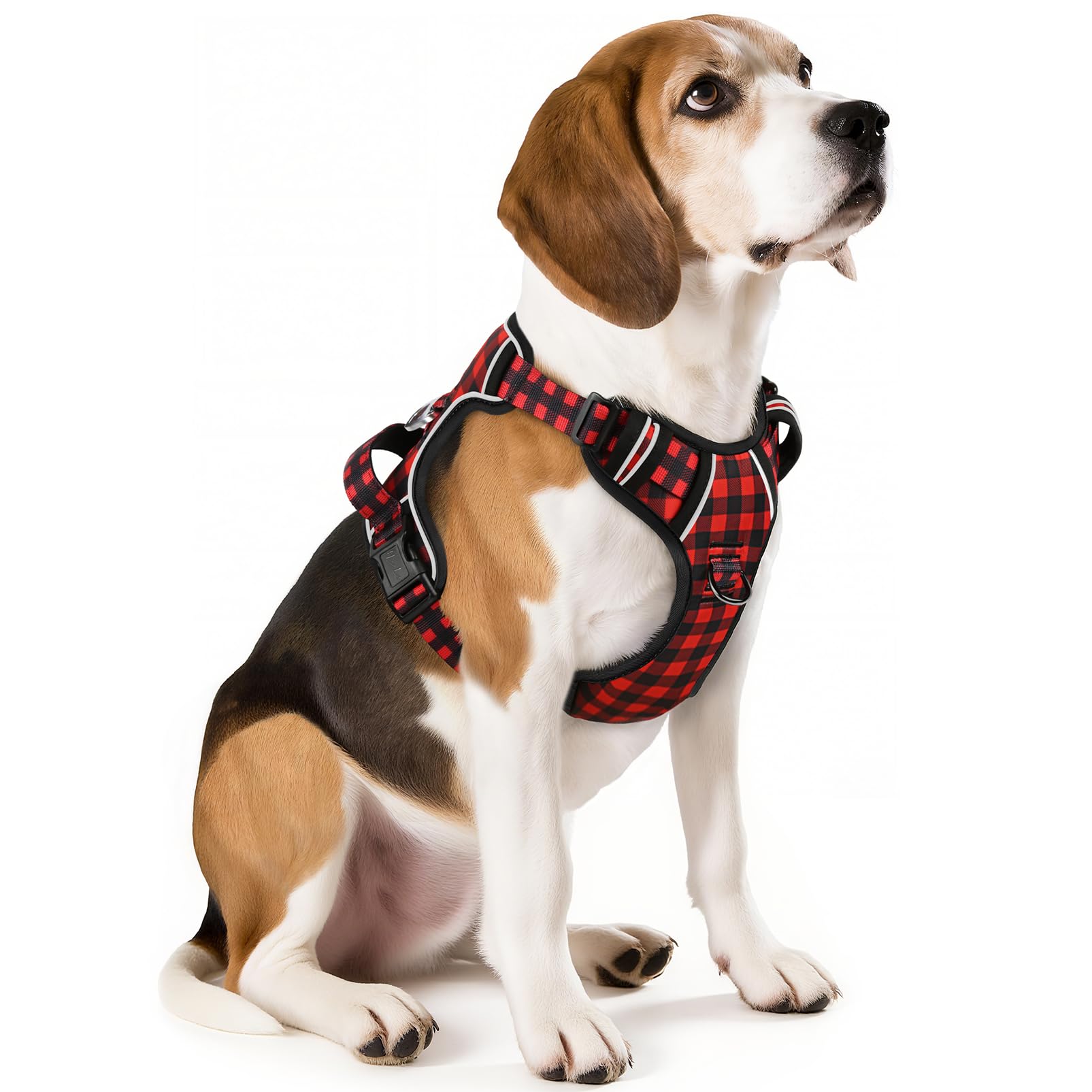HEELE Pettorina Cane Taglia Media Riflettente Pettorina Addestramento Cani Anti Tiro con 2 Ganci in Metallo + Comodo Maniglia, Gilet per Cani Regolabile per Camminare, Plaid Nero-Rosso, M