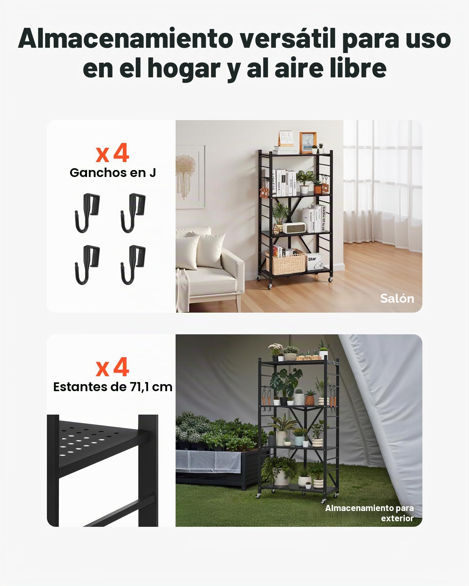 VEVOR Estante de Almacenamiento Plegable de 4 Niveles con Ruedas 71 x 33 x 137 cm Estantería Metálica Móvil Resistente, sin Necesidad de Ensamblaje, Organizador para Garaje, Cocina, Sótano, Negro