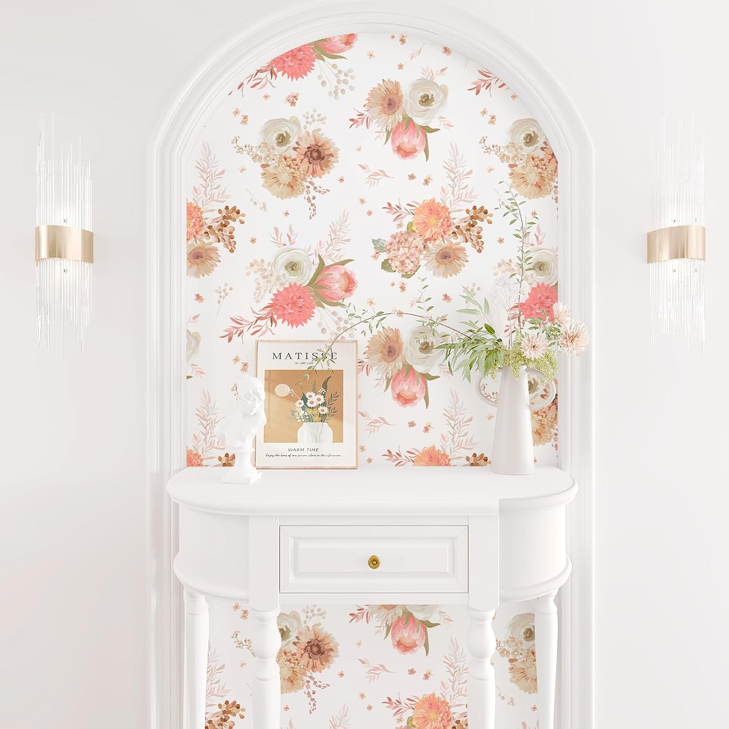 VEELIKE Peachy Pink Floral Peel and Stick Wallpaper Vintage Dahlia Flower Wallpaper for Girls Bedroom Nursery 17.7''x118'' Removable Renter Friendly Wall Paper Floral Contact Paper for Cabinets Walls