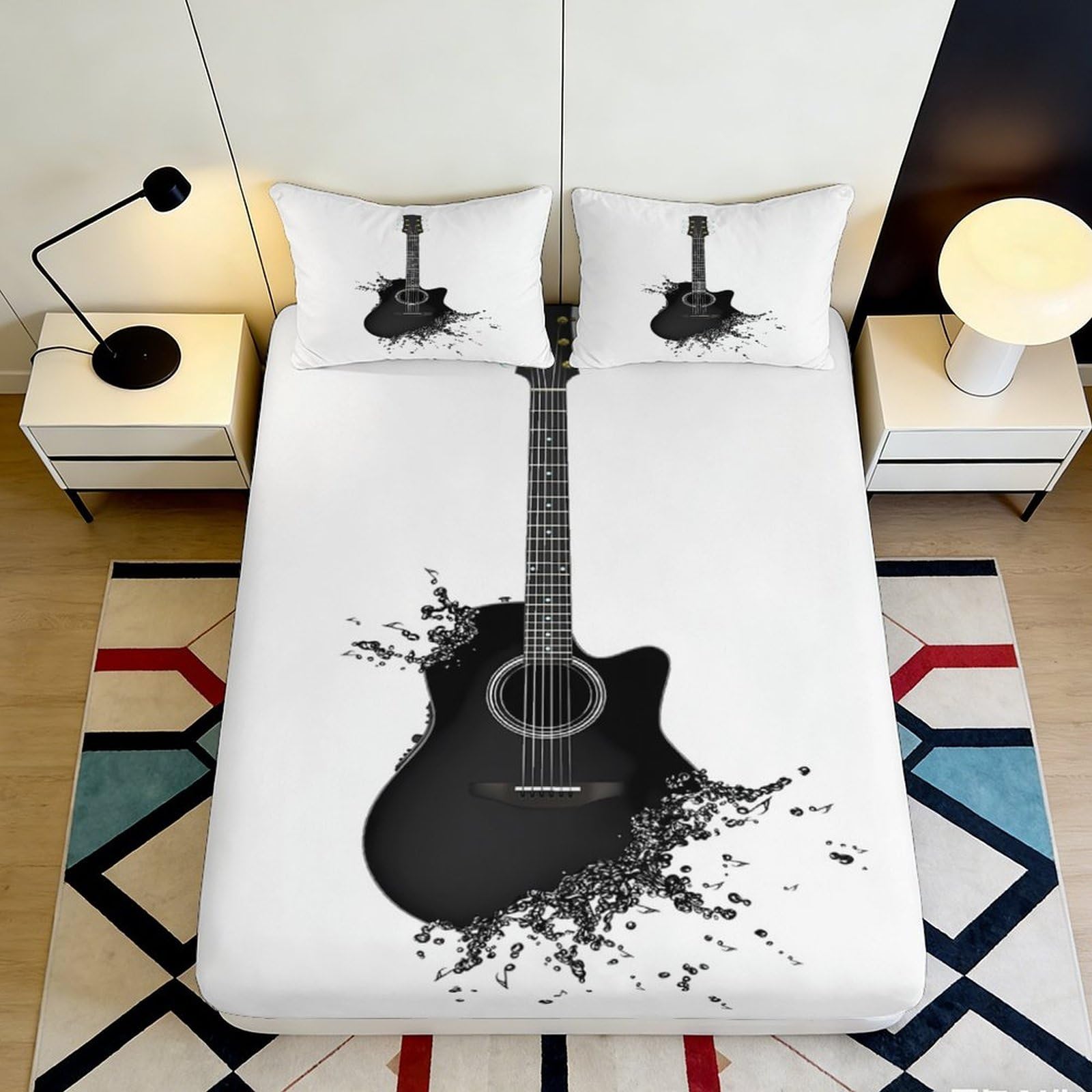 3D Printed Black Guitar Splash Fitted Sheet Microfiber Mattress Cover for Bedroom Youth Dorm Artistic Decor 120x200cm 90x200x25cm