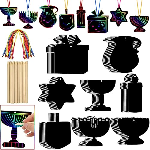Qilery Juego de 64 tarjetas rascadoras de Janucá para manualidades, suministros de fiesta de Hanukkah, color arcoíris con lápices de madera, kit de
