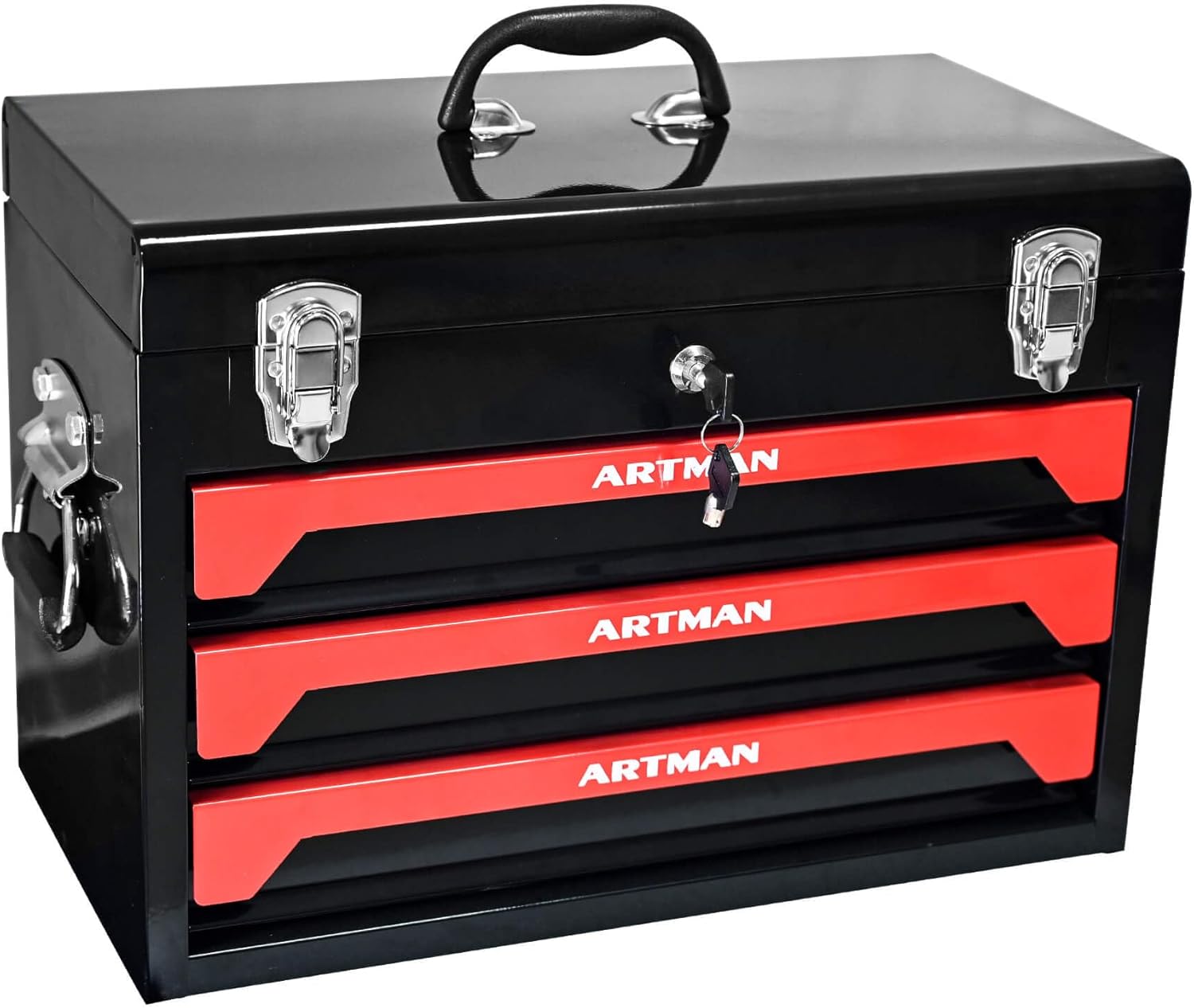 Portable 3 Drawer Tool Box - Metal Tool Box with Drawers for Parts Organizer, General Tool Chest with Metal Latch Closure & Handles for Truck and Cars