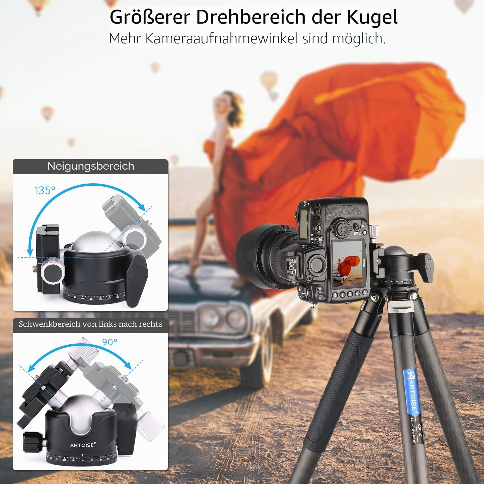 ARTCISE Niedriger Profil-Kugelkopf, 46 mm, 360°-Panorama-Metall-Stativkopf mit Arca-Schnellwechselplatte und 1/4 Zoll auf 3/8 Zoll Konvertierungs-Gewindeadapter für Stativschieber DSLR, maximale
