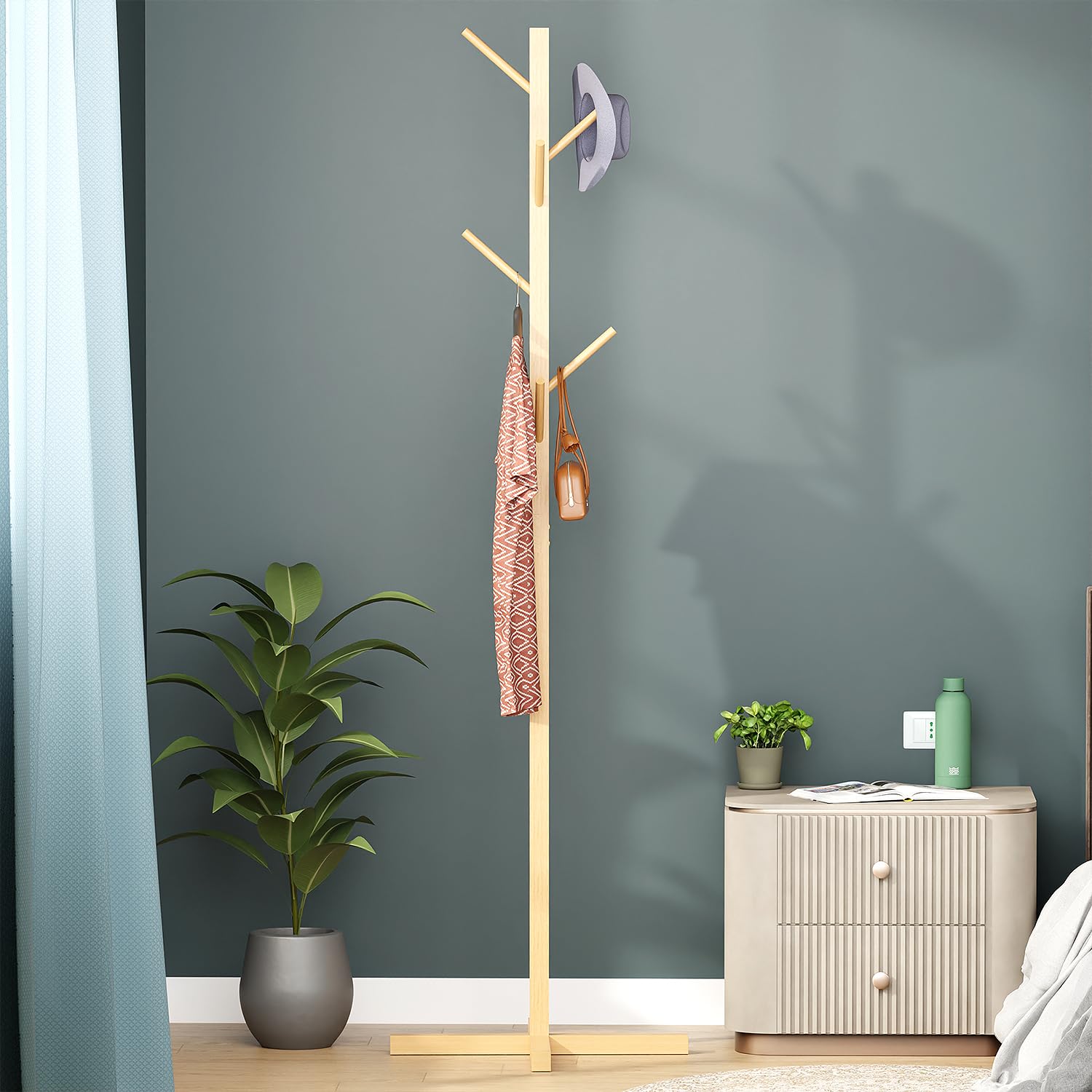 Lukzer Bamboo Freestanding Coat Hanger Stand with 8 Hooks | Natural Wooden Clothes & Hat Rack | Space-Saving Floor Stand for Bedroom, Entryway, Office & Living Room | Multipurpose Organizer CH-493 4