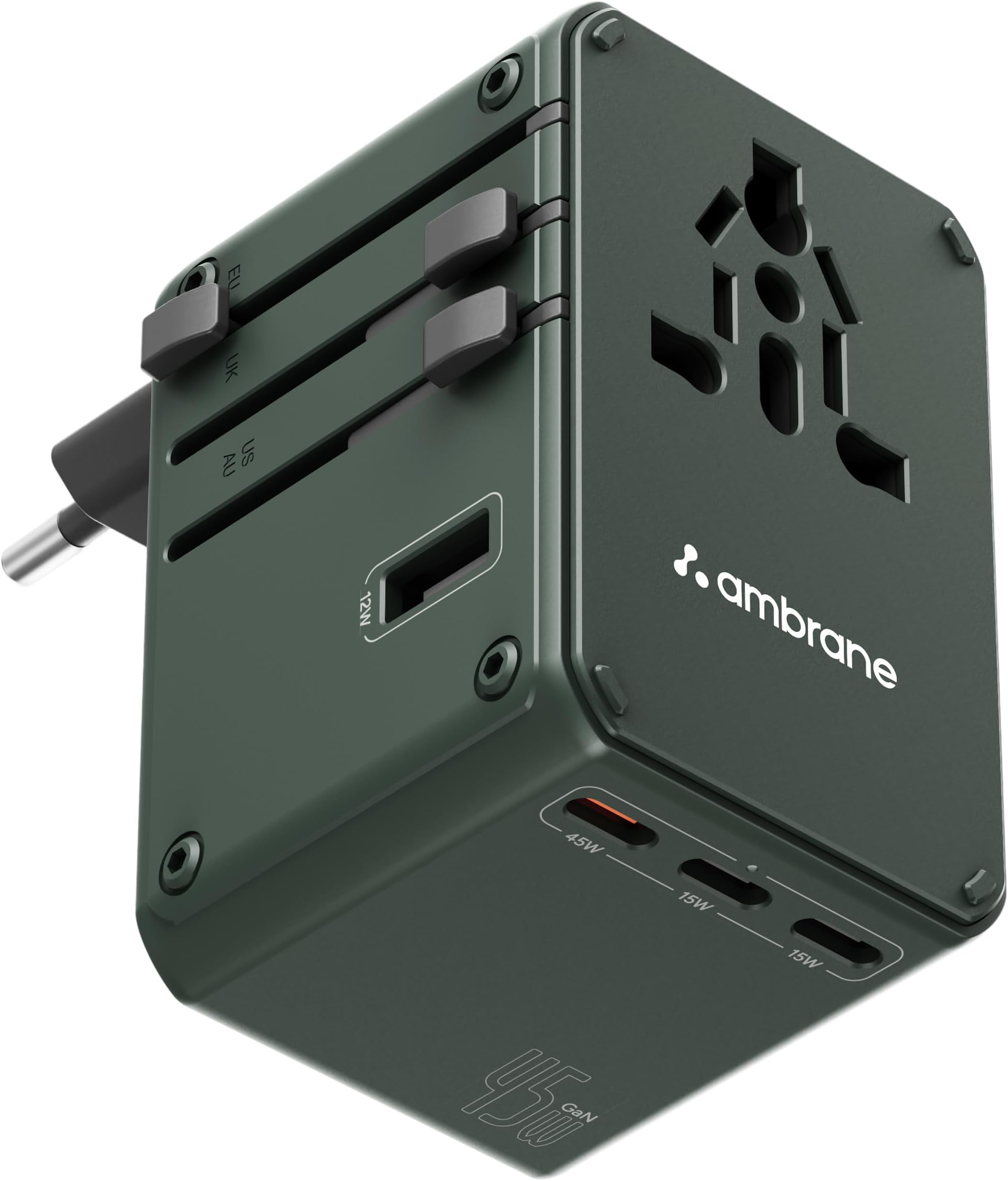 Ambrane 45W Universal Charger Adapter, Supports Laptop Charging: MacBook & Type C Laptop, 3X, 1x USB, 2500W AC Socket, International Worldwide Travel Adapter, PD Charging (ATA-04, Green)