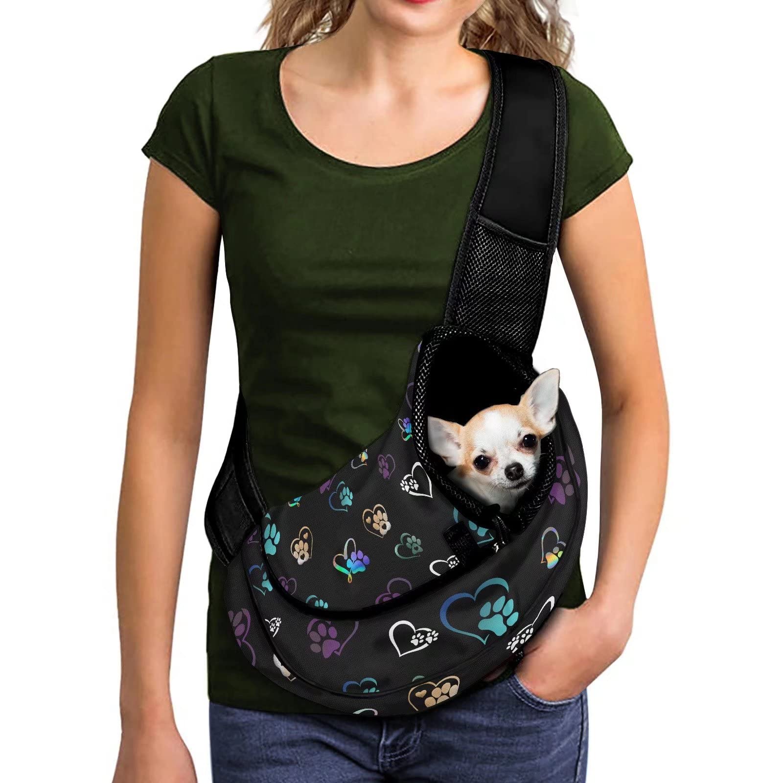 FUSURIRE Black Puppy Paws Print Pet Carrier Sling with Adjustable Strap and Zipper Open, Cute Small Dogs Cats Travel Carrier Bag for Women Men Black