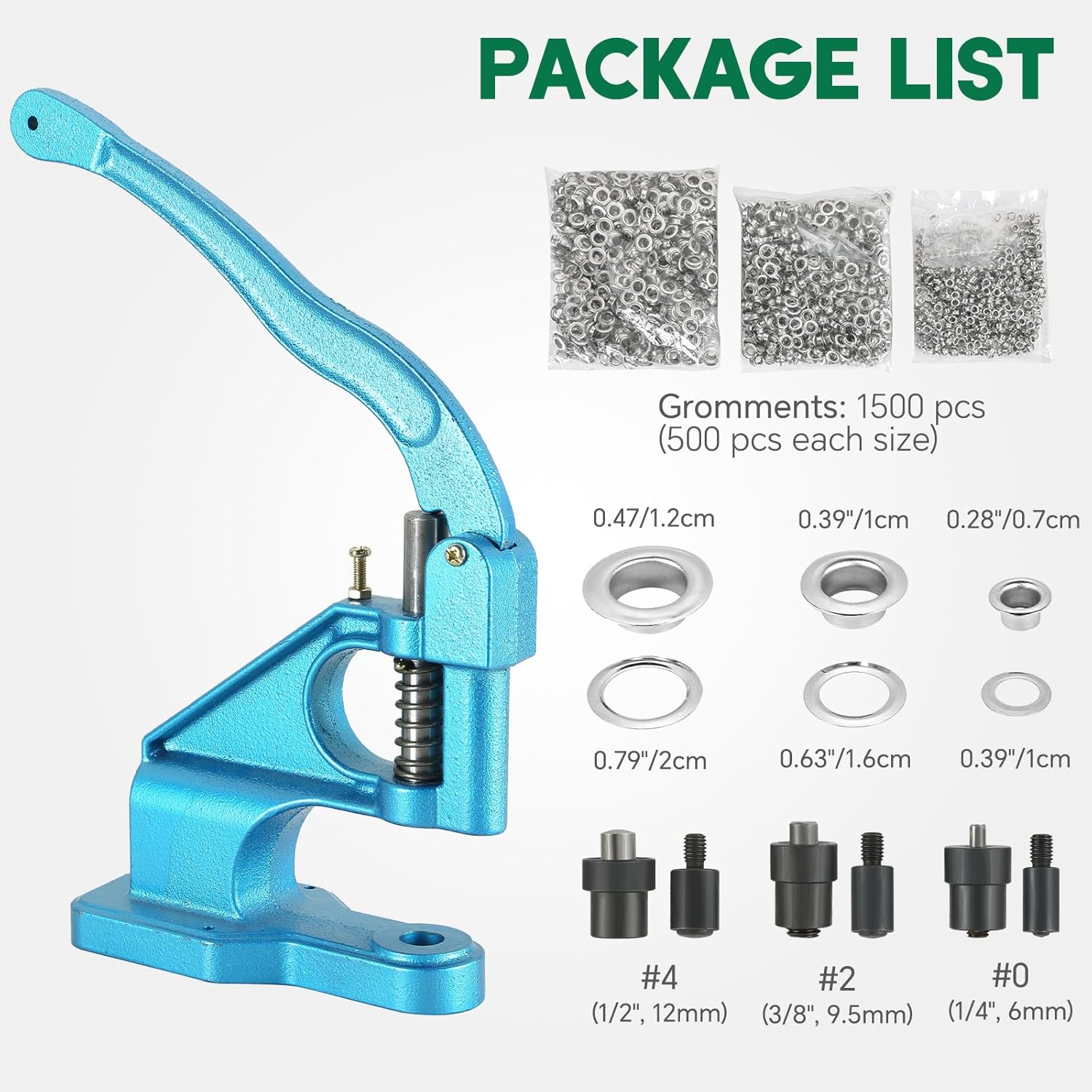 ATPEAM Hand Press Grommet Machine | 3 Dies (#0#2#4) Heavy Duty Industrial Eyelet Grommet Machine with 1500 Eyelets