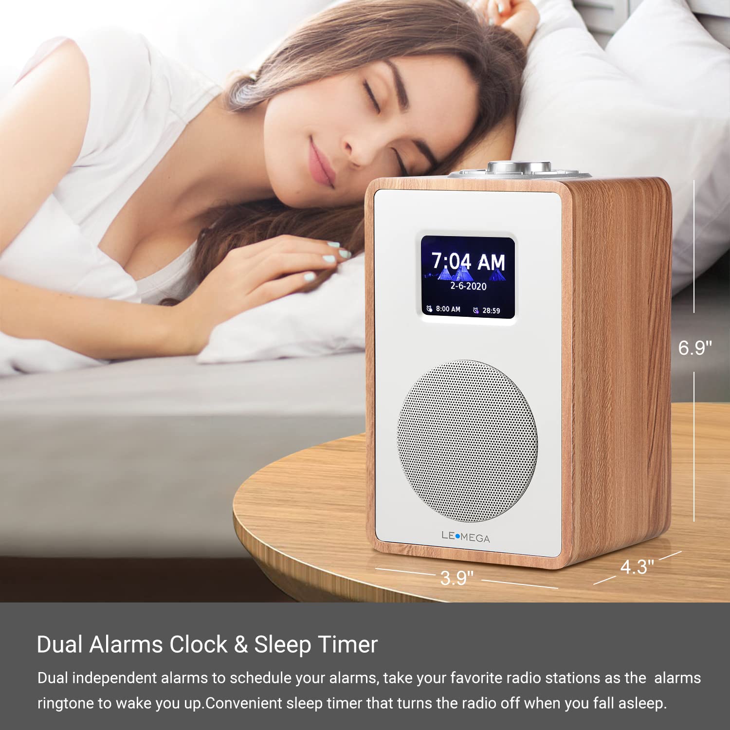 LEMEGA CR4 DAB/DAB+ und UKW Digitalradio,Bluetooth Lautsprecher, DAB Radio,Doppelwecker,Küchen/Schlaf/Snooze Timer,Farbdisplay,Kopfhöreranschluss,Holzoptik,Netzbetrieb - Walnuss