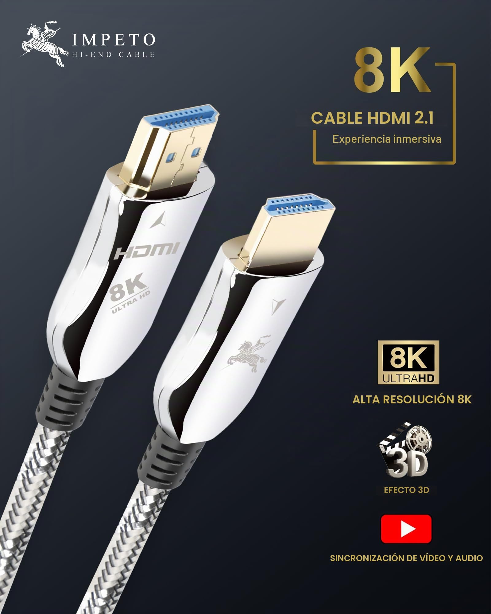 Impeto 8K HDMI kabel 2.1 Fibra óptica, 48Gbps de alta velocidad, 8K 60Hz 4K 120Hz HDMI a HDMI, HDR dinámico, 3D, Durable, compatible con PS5, Portátil, TV, Blueray - 2M
