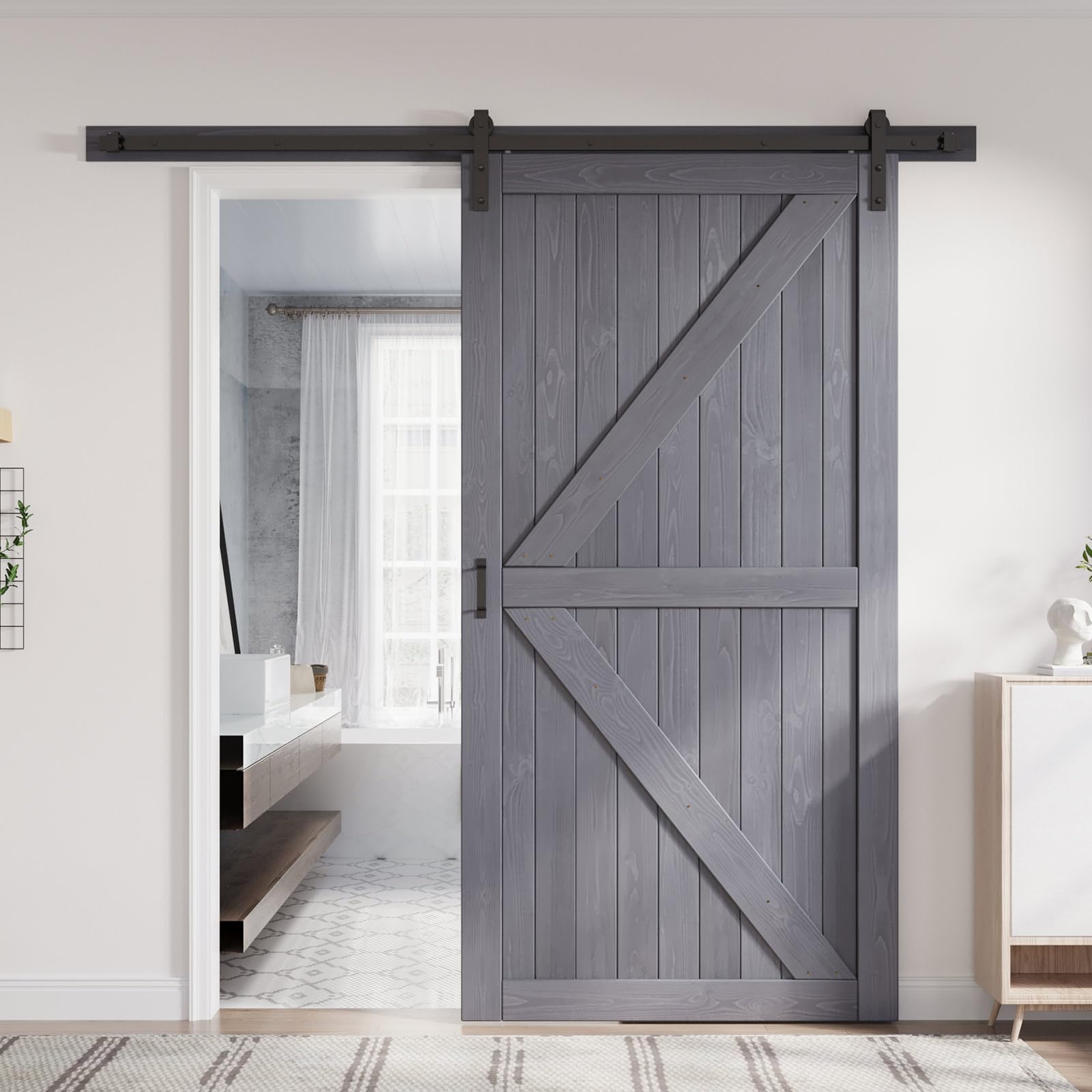 Photo 1 of FREDBECK 48in x 96in Gray Wood Barn Door Slab with 8ft (96inch) Barn Door Hardware Track Kit Included, Double Surfaces,Simple Assembly is Required,K-Frame,Grey