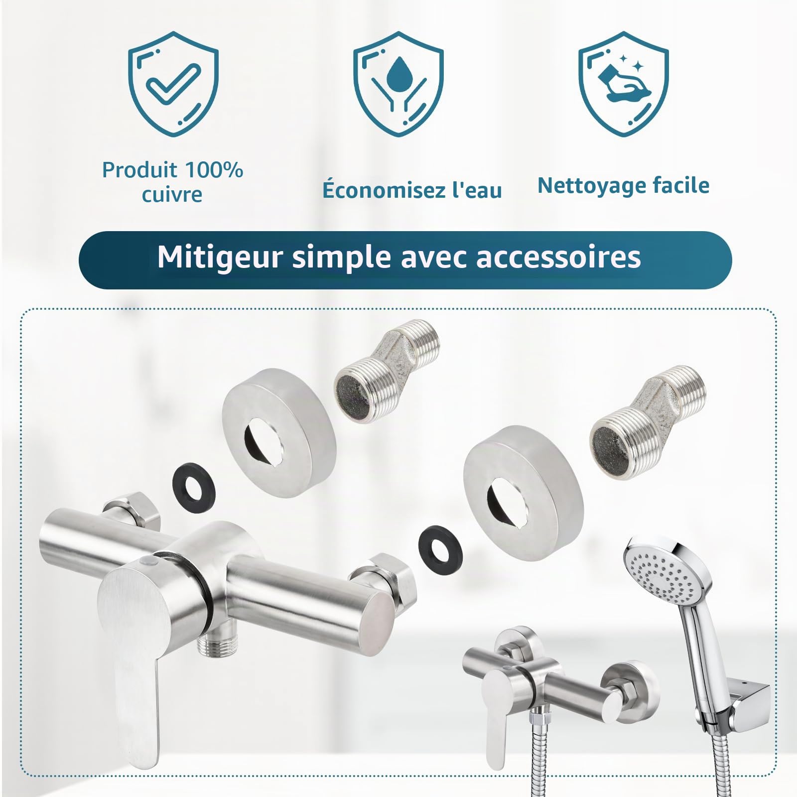 Mitigeur de Douche Mural, Robinet Douche Universel Acier inoxydable 304, Robinet salle Bain Douche, Mitigeur Bain Douche avec Accessoires