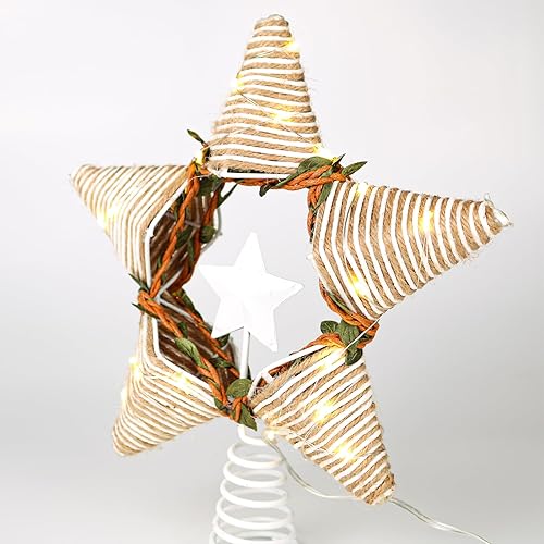 Miniatura 5 de Lotus Hills Rustic Christmas Star Tree Topper, 8.3" Christmas Tree Star Topper with Rattan, Vintage Boho White Gold Tree Topper Lighted, Battery