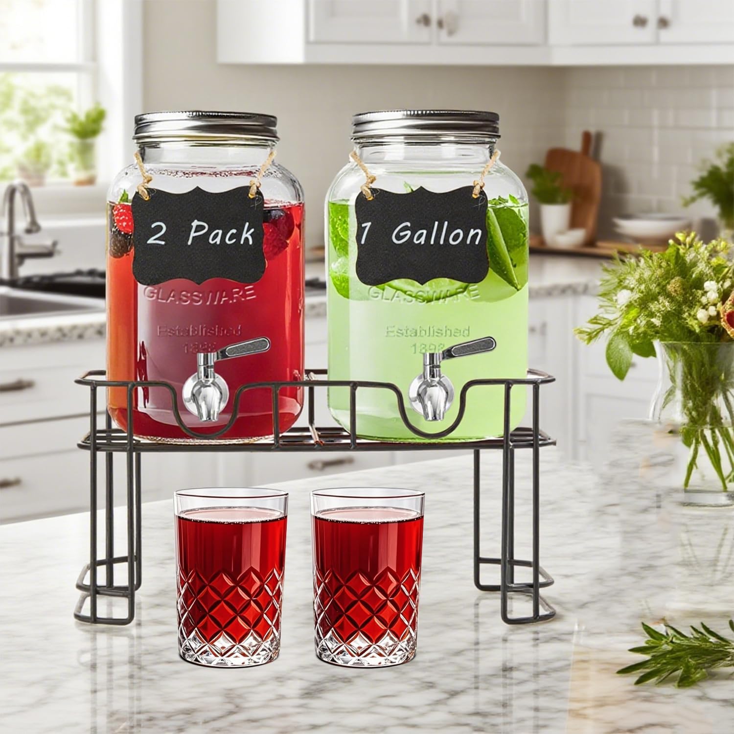 1 Gallon Glass Drink Dispensers for Parties,2 Pack Beverage Dispenser with Stand and Stainless Steel Spigot,Glass Water Lemonade Dispenser with Ice Cylinder for Party Drink,Iced Tea,Kombucha - Image 6
