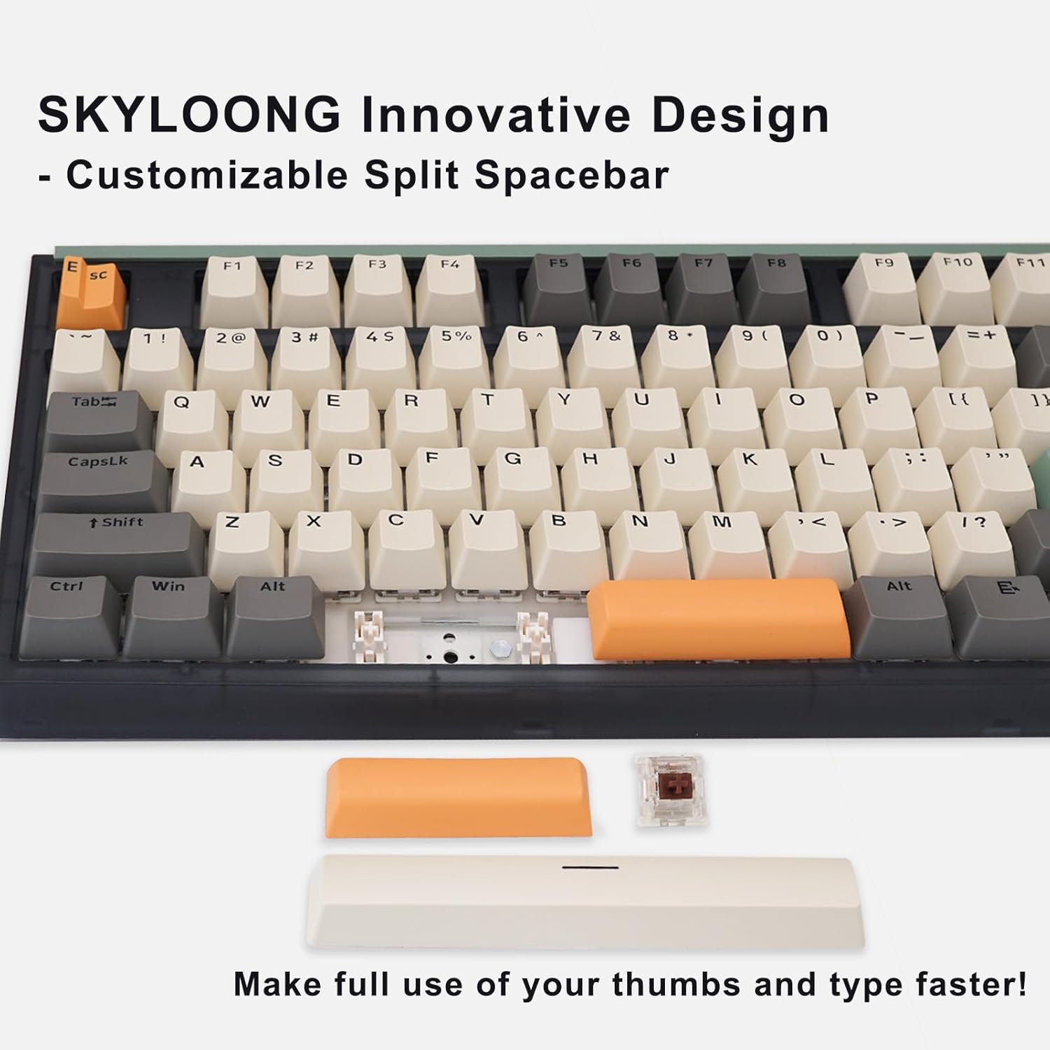 Image showing the split spacebar design of the SKYLOONG GK87 V3 keyboard, with two separate spacebar keys and an additional keycap for a single spacebar option.