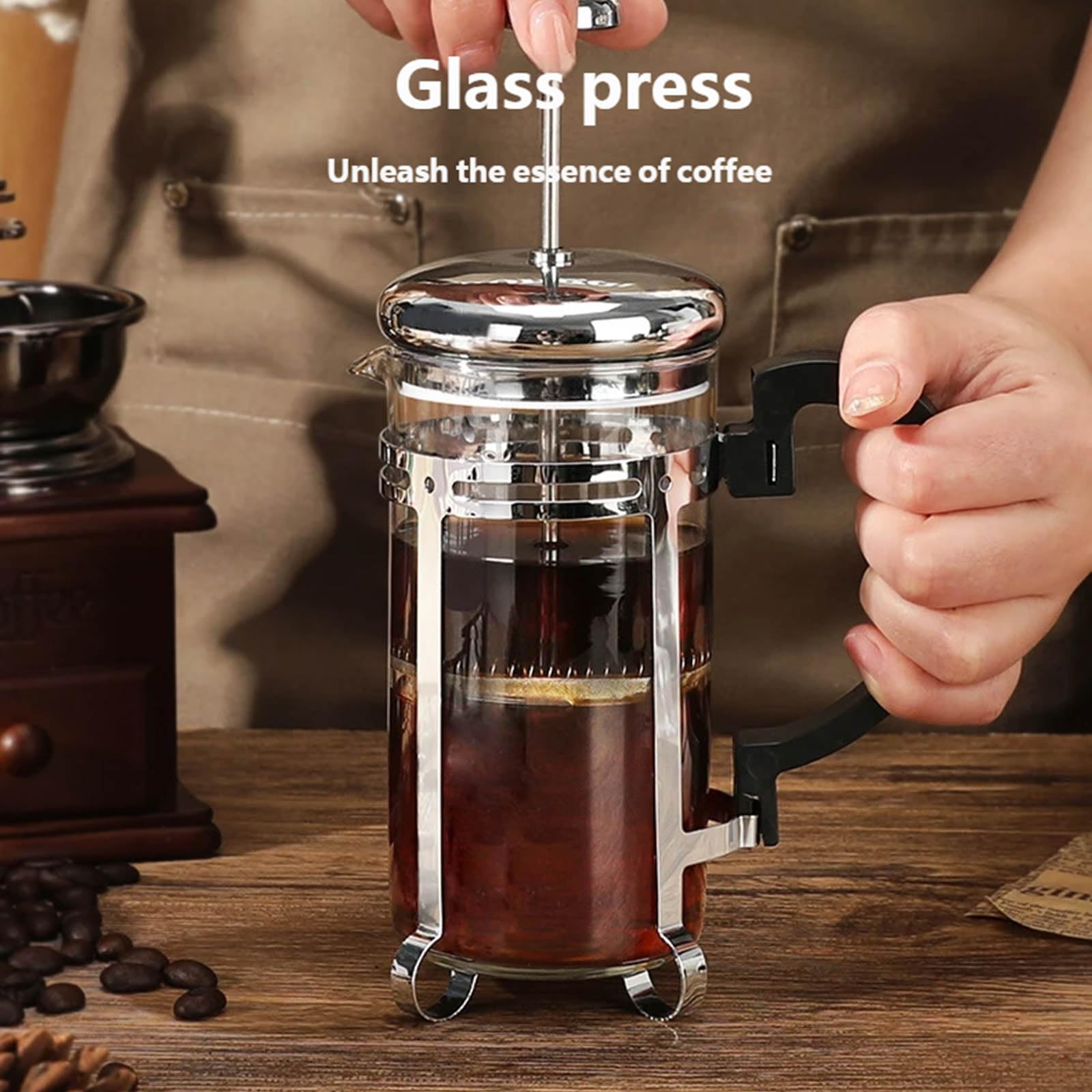 Juego de molinillos de café clásicos de madera y prensas francesas de vidrio con filtro de acero inoxidable 304 para amantes, molinillos ajustables de primera calidad con prensas francesas para una
