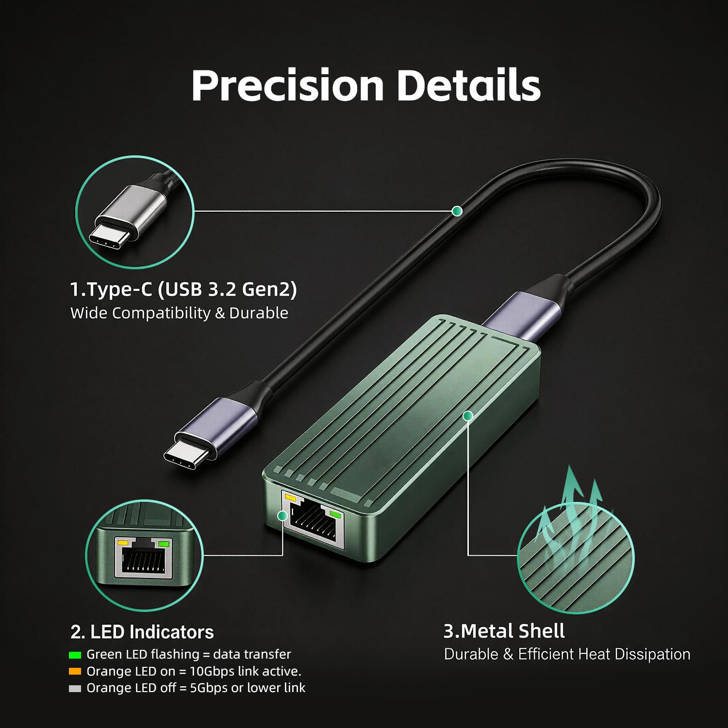 Adaptador USB C a Ethernet de 10 Gbps, USB 3.2 Gen 2x2 Tipo-C a RJ45 10G LAN Dongle de red con chip Realtek RTL8159, compatible con Thunderbolt 3/4 para MacBook, Windows 11, NAS, PC