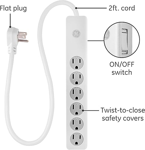 Miniatura 21 de GE - Paquete de 2 protectores de sobretensión de 6 tomas, extensión de 20 pies, 800 julios, enchufe plano, tapas de seguridad de cierre por torsión