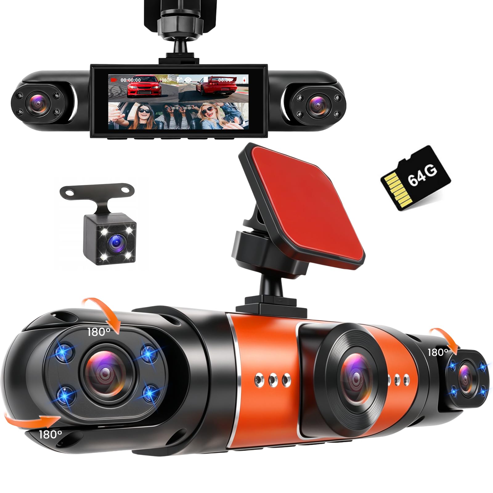 4-kanałowa kamera na deskę rozdzielczą z ekranem IPS 3" IPS 1080p, kamera samochodowa z przodu, z tyłu, bezpłatna karta 64 GB, kamera na deskę rozdzielczą z monitorowaniem parkowania, czujnik G