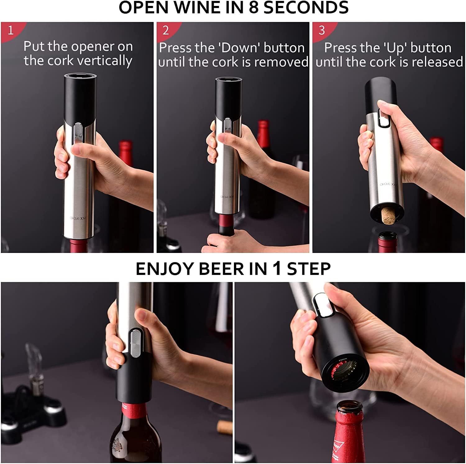 CIRCLE JOY Elektrischer Korkenzieher, 7 in 1, wiederaufladbar, Geschenkset für Wein und Bier, mit Sockel, Folienschneider, Weinbelüfter, Vakuumpumpe und 2 Weinkorken