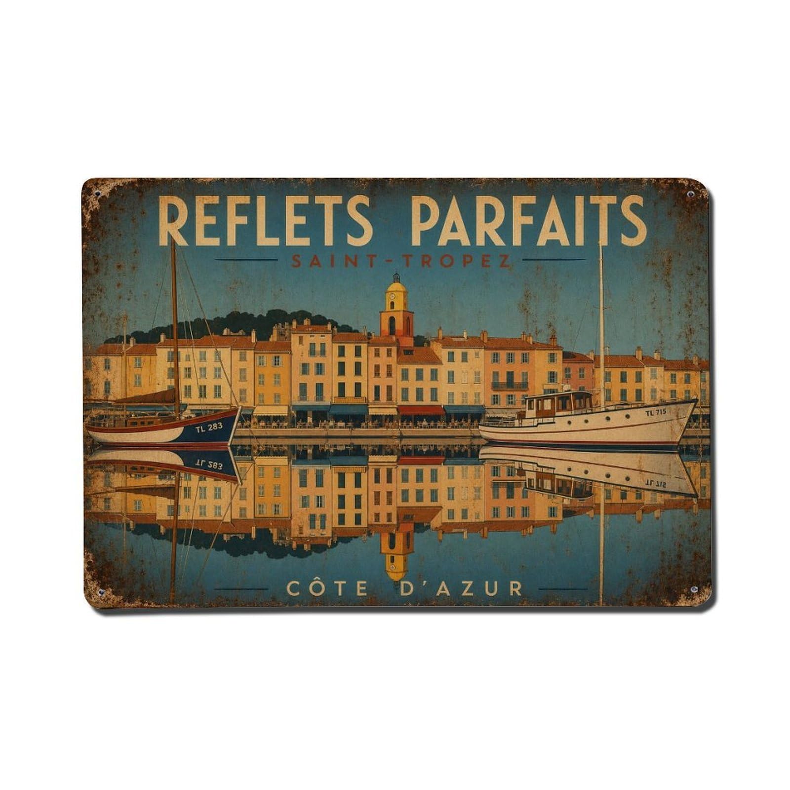 France Harbor Maritime Travel Coastal Boats Metal Tin Sign Plaque Wall Decor for Cafe, Man Cave, Club Bar, Office, Home Garden Round Metal Poster 8x12Inch