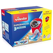 Vileda SuperMocio Box, Sistema Lavapavimenti, Set con Strizzatore, 2 Fiocchi Microfibra & Power, 1 Fiocco 3Action, Manico 3 Pezzi, ‎Rosso