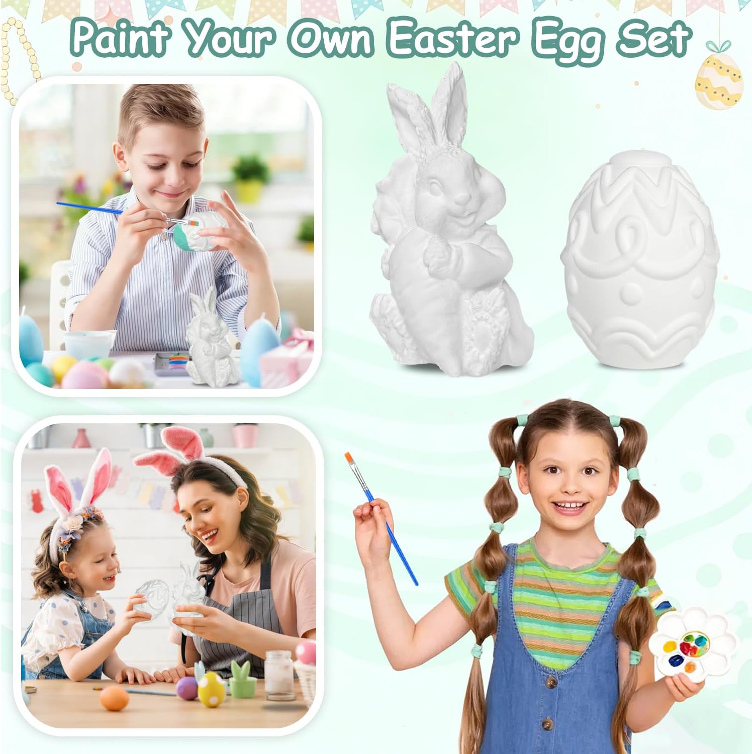 HECOMTRS 6PC Paint Your Own Plaster Easter Crafts Kits, DIY Easter Eggs Bunny Painting Kit, Easters Gifts for Kids, Easters Basket Stuffers Family Party Activity Decorations (Set of 2)