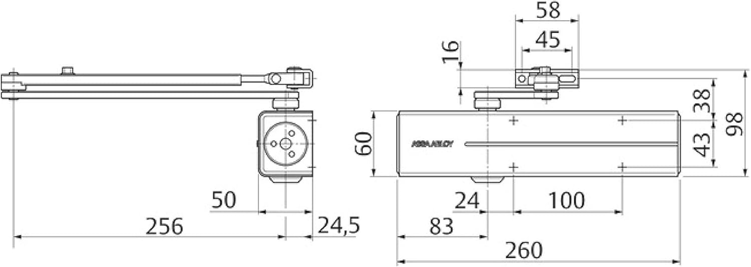 Technical drawing with dimensions for Yale DC300-D9005 Door Closer