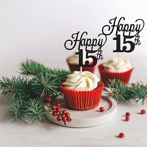 Miniatura 4 de Paquete de 24 adornos para cupcakes con purpurina número 15, quince cumpleaños, decoración para cupcakes de cumpleaños 15, suministros de fiesta
