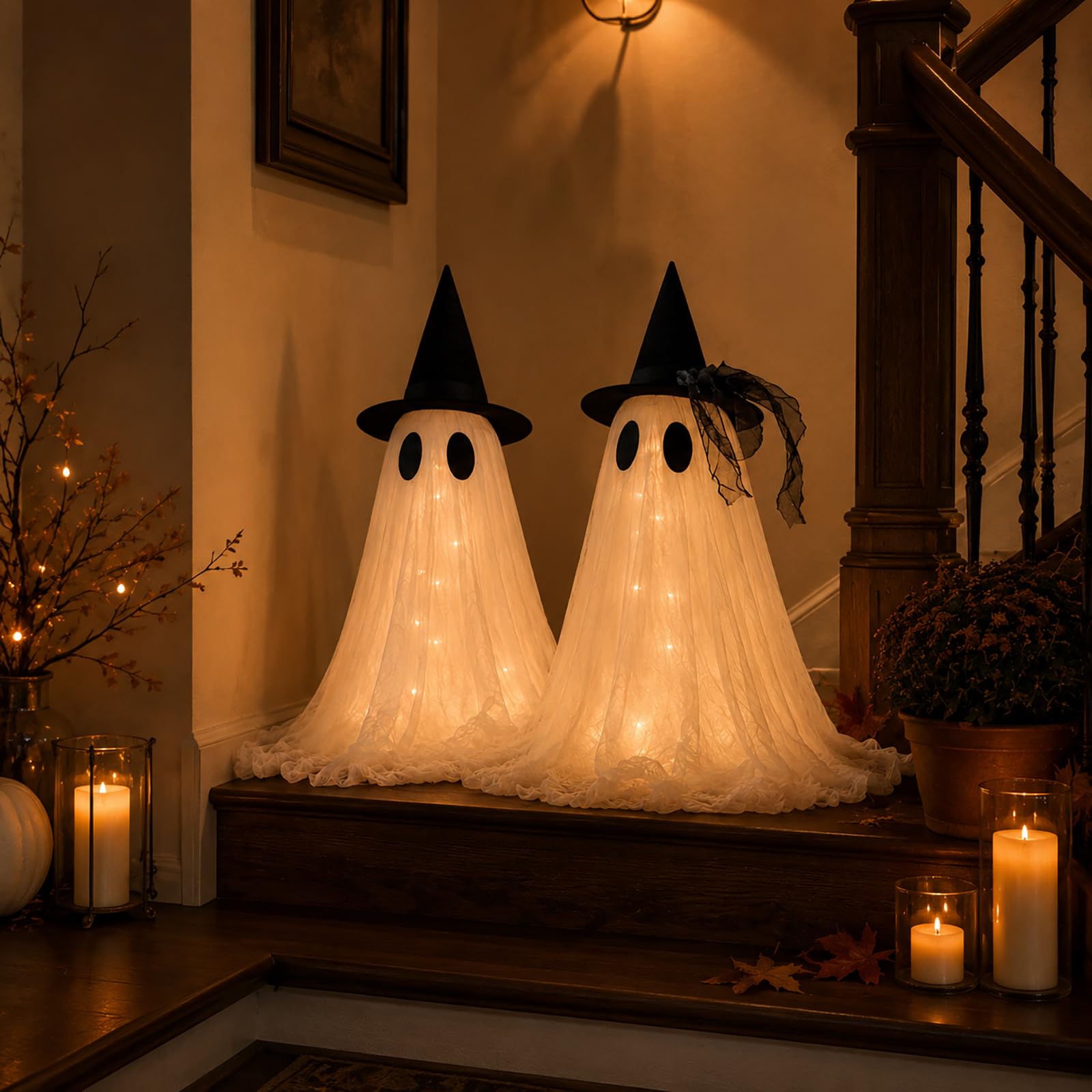 2-Pack Halloween Ghost Decor Set, USB Powered w/Remote Lights | Halloween Indoor Decorations - Light-Up Ghost Ornament,for Mantel Shelf, Table & Fireplace - Spooky Home Party Centerpiece