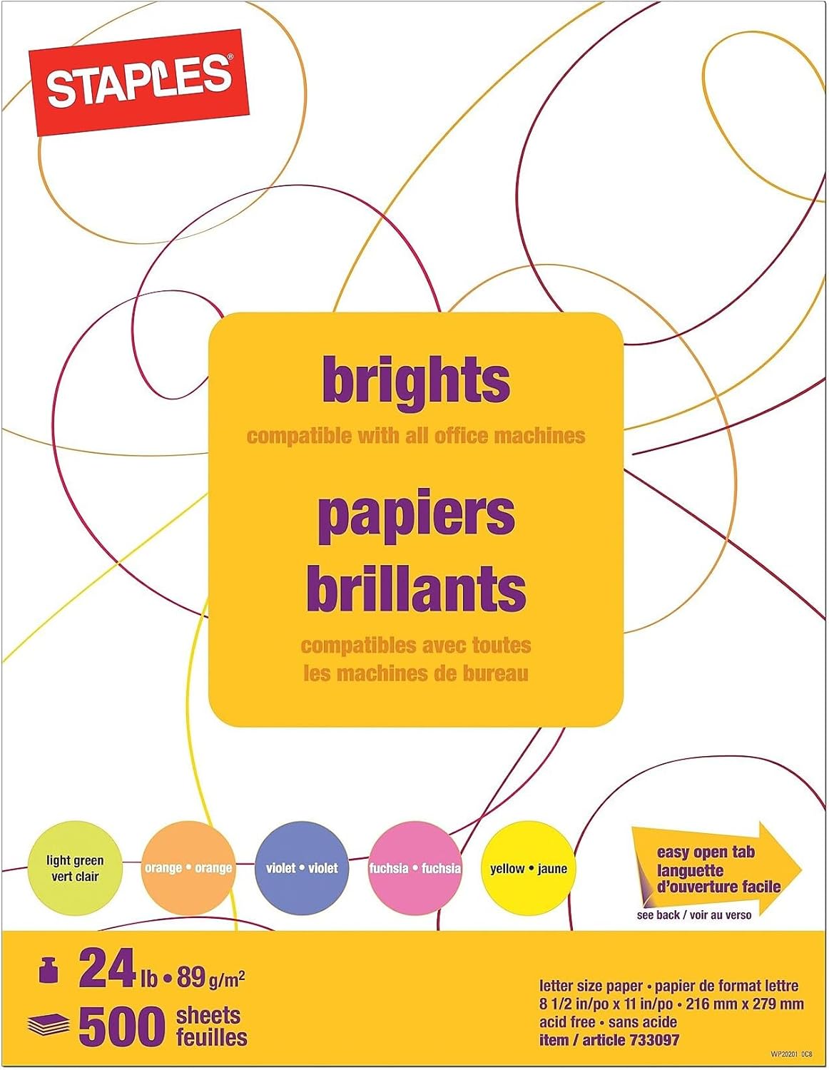 Staples Brights Multipurpose Colored Paper, 24 lbs., 8.5-inch x 11-inch, Assorted Neon, 500/Ream