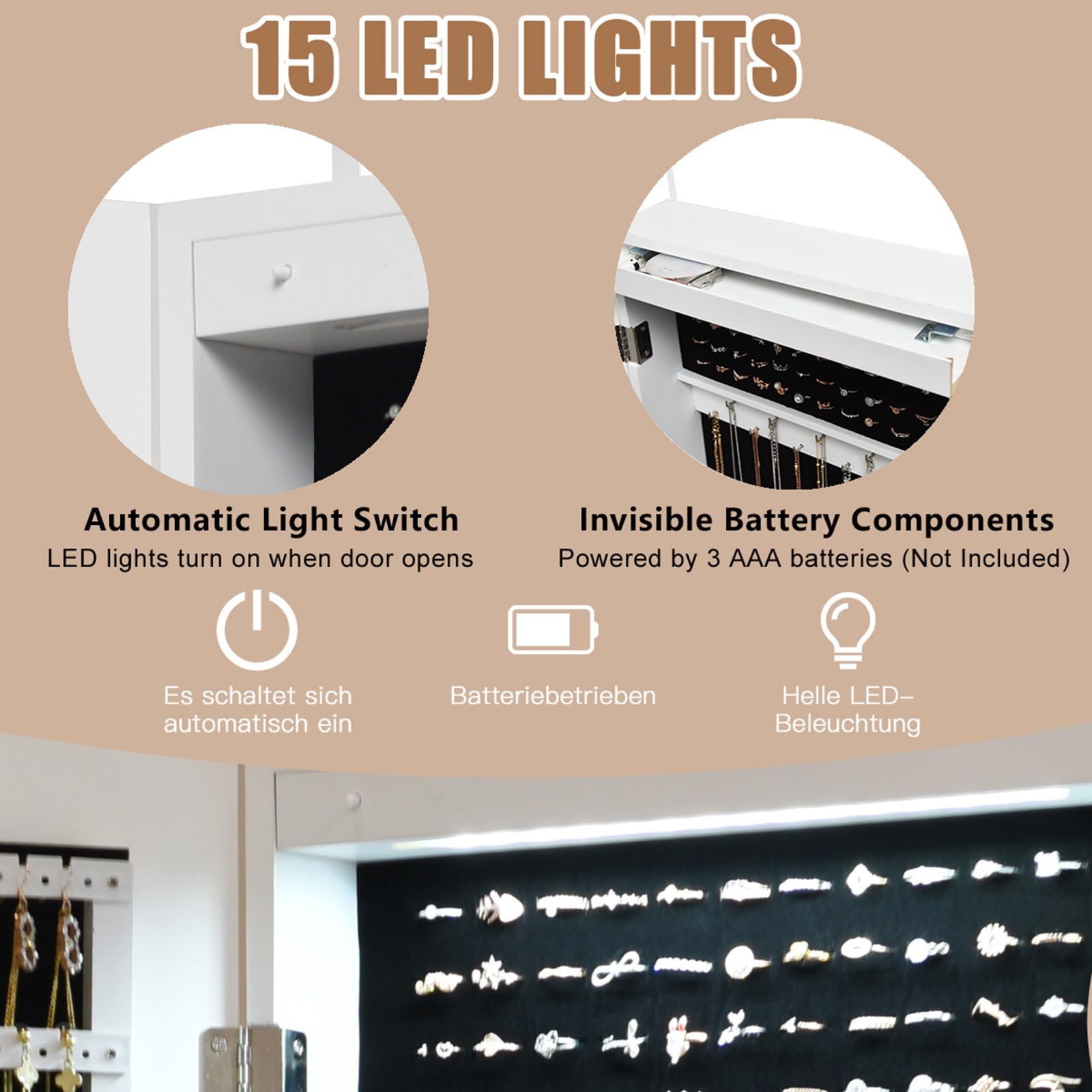 HOMASIS Espejo Joyero de Pared con LED y Cerradura, Armario Espejo Entero, Organizador Joyas, 4,6 cm, Blanco