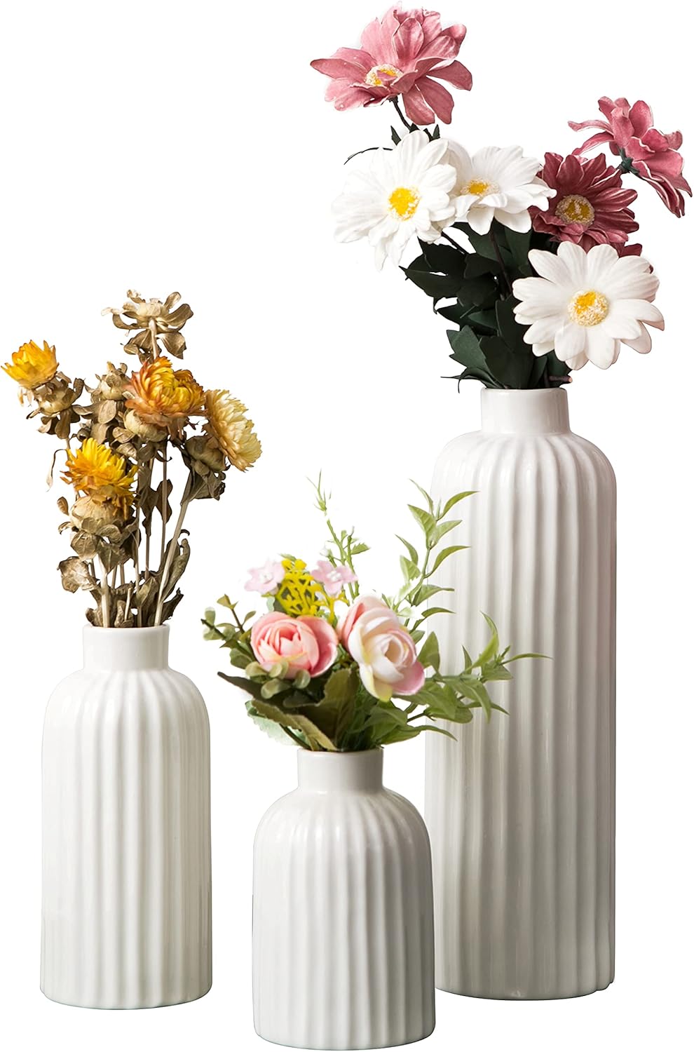 Set of 3 White Ceramic Vase, Smooth Glaze Finish Flower Vases, Gift for Wedding Special Occasion Dried Floral Arrangements Home Office Spa Decor (3 Sizes in Gift Box) (Ivory Color)